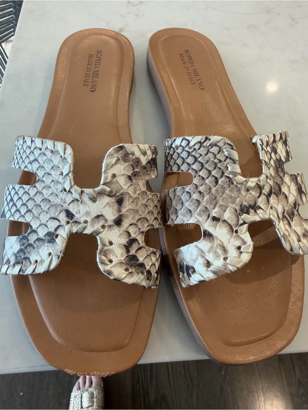 Tan Slide Sandals with Snake-Print Straps